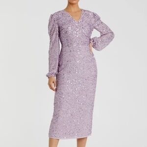 Mac Duggal Purple Sequin Puff Sleeve V Neck Midi Dress